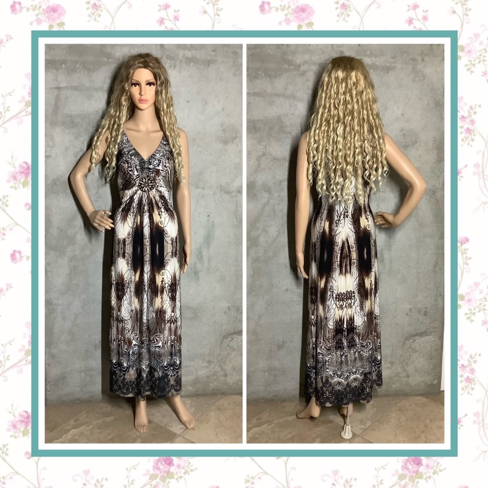 🍒 BOHO CHIC MAXI LONG DRESS BOHEMIAN GYSPY BROWN TAN TRIBAL SHORT SLEEVE CUTE